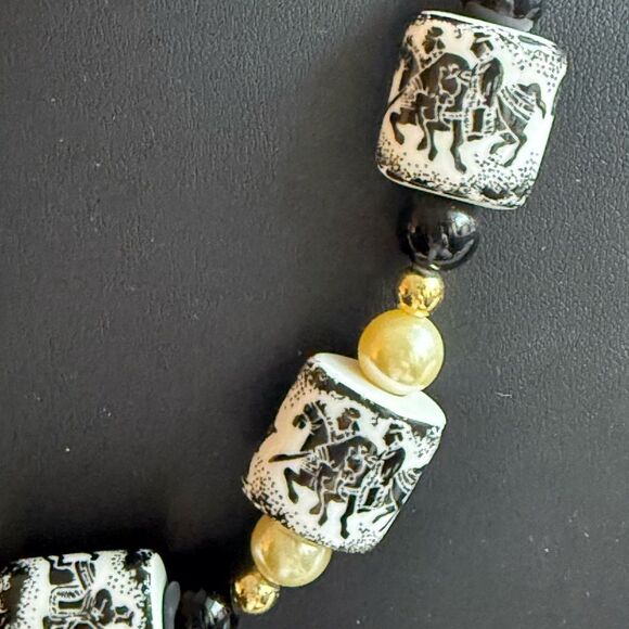 Vintage Mid Century Necklace with Black Lucite, Faux Pearls & Hand Painted Beads - Picture 3 of 7